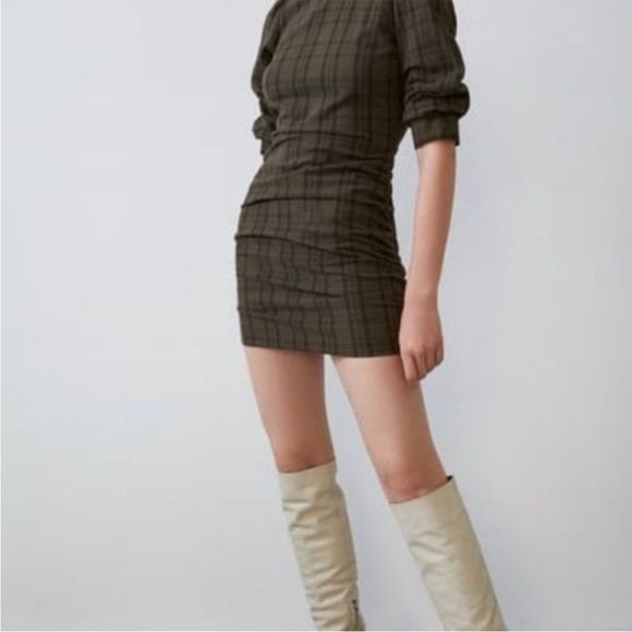 ZARA Bodycon Khaki green Plaid Long Sleeve Mini Dress Sz Small 181/009 - Picture 8 of 8